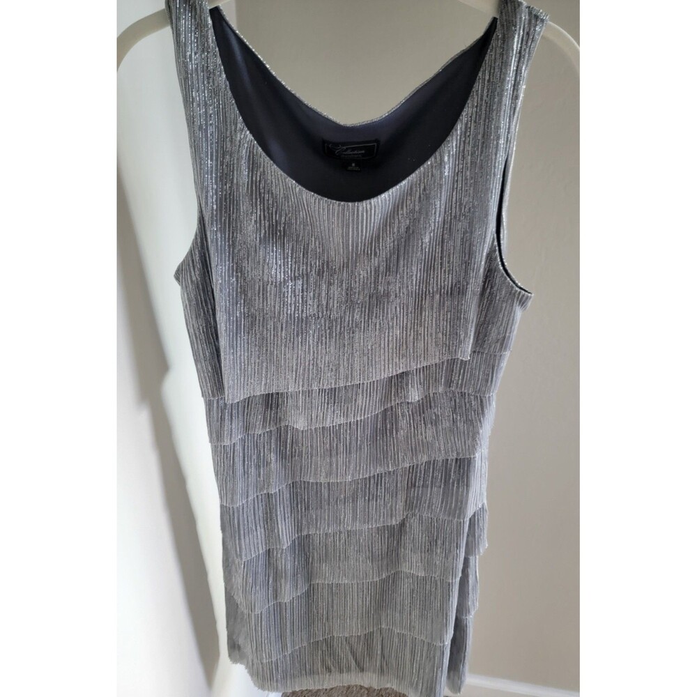 Dressbarn Collection Silver Metallic Tiered Sleeveless Dress Size 8